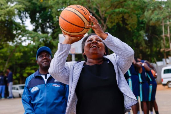 Makueni County Deputy Governor Lucy Mulili during the launch of Mutula Kilonzo jnr Supa Cup County finals held at Makueni boys./Lydia Ngoolo.