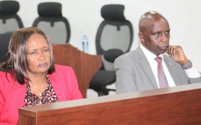 TSC Acting CEO Evaleen Mitei (l) and Treasury secretary pensions Michael Kagika in parliament due to pension