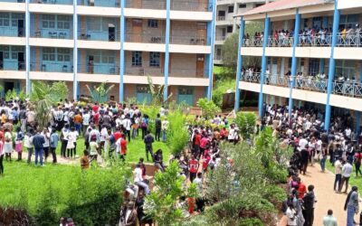 Students gathered outside the University of Kabianga after a lecture theatre scare that triggered panic and injuries, as emergency response and safety assessments continued.