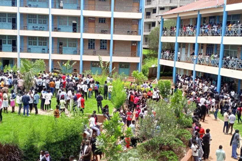 Students gathered outside the University of Kabianga after a lecture theatre scare that triggered panic and injuries, as emergency response and safety assessments continued.