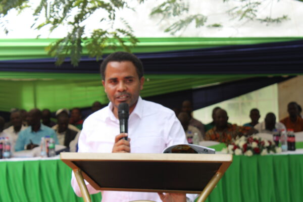 Kisumu Chief Officer for Education, Bovince Ochieng, speaking during the third joint Vocational Training Centres (VTCs) graduation ceremony at the Rotary Vocational/Technical Training Centre.