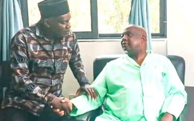 Knut national second vice chairperson Aggrey Namisi and Vihiga senator Godfrey Otsotsi during the hospital visit