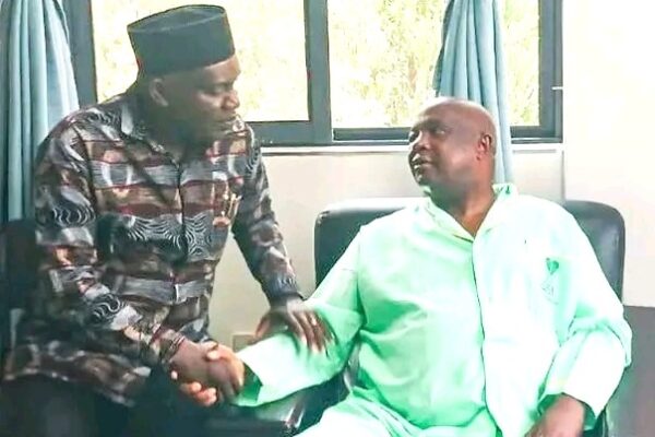 Knut national second vice chairperson Aggrey Namisi and Vihiga senator Godfrey Otsotsi during the hospital visit