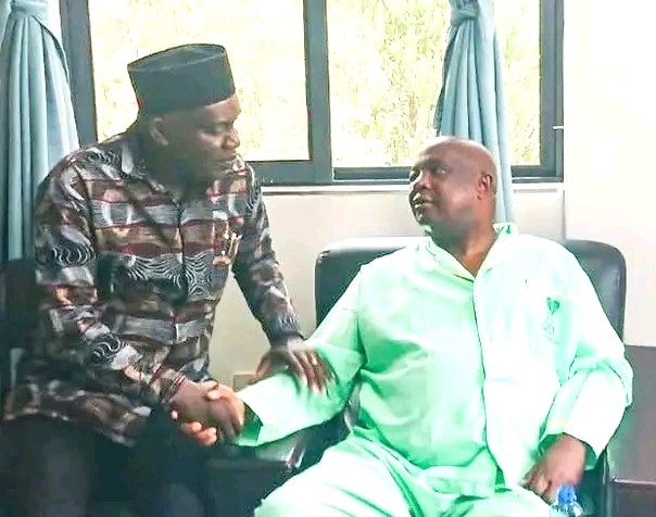 Knut national second vice chairperson Aggrey Namisi and Vihiga senator Godfrey Otsotsi during the hospital visit