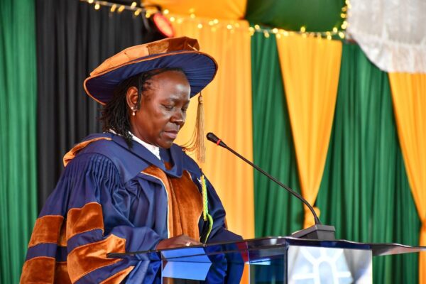 TVET Principal Secretary Esther Thaara Muoria speaking during the 6th graduation ceremony at Nyeri National Polytechnic in Nyeri County