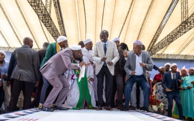 President William Ruto, Deputy President Kithure Kindiki and members of the Akorino community in a dance during a thanksgiving service at State House, Nairobi. Photo/Courtesy