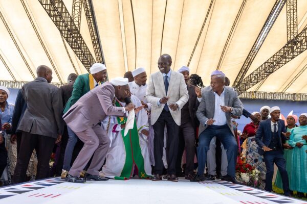 President William Ruto, Deputy President Kithure Kindiki and members of the Akorino community in a dance during a thanksgiving service at State House, Nairobi. Photo/Courtesy