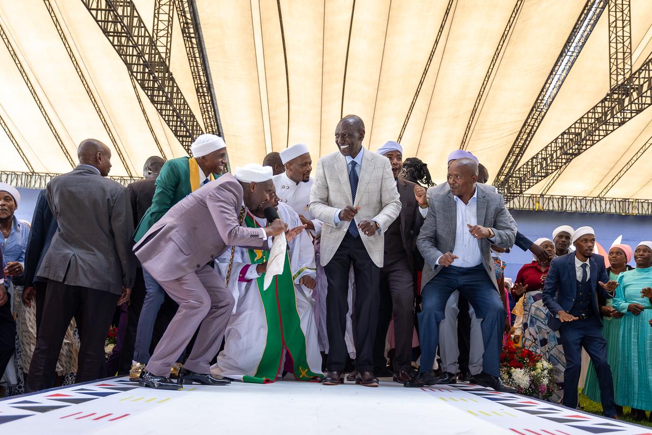 President Ruto announces 50 TSC jobs, new Ruai College for Akorino 5 President William Ruto, Deputy President Kithure Kindiki and members of the Akorino community in a dance during a thanksgiving service at State House, Nairobi. Photo/Courtesy