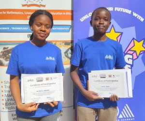 Kenya High School student Mitchelle Ombuna (L) and Caleb Tanui from Alliance High School (R) pose for a photo after the closing ceremony of the 2026 AOA Rising Stars Training Camp at CEMASTEA, Karen. They were selected to join the African Olympiad Academy (AOA) in Rwanda on a full scholarship after emerging among the top performers in the just-concluded 2026 AOA Rising Stars Training Camp.