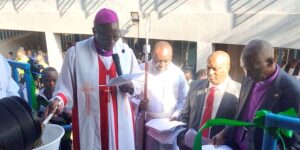 ACK Diocese of Makueni Bishop Francis Matui, Board of Management Chairman Bishop Emeritus Joseph Kanuku and Principal Onesmus Wambua during this year’s AGM at ACK St. Luke’s Wote Township Boarding Primary and Junior School.