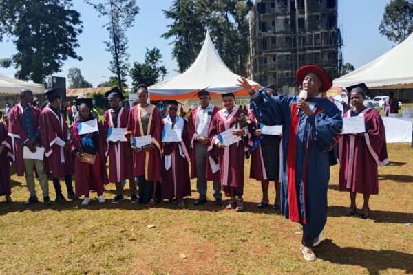 MP Machua Waithaka speaking during the graduation ceremony of the IYF short courses programme at the Ndumberi Stadium in Kiambu-Photo|Felix Njenga