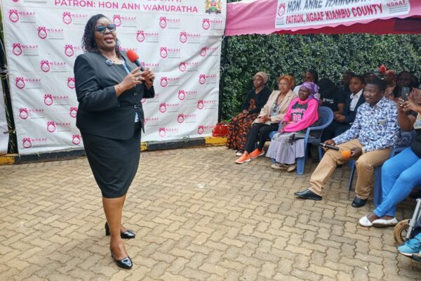 Ann Wamuratha, Kiambu Woman Representative addressing some parents. Photo Felix Wanderi