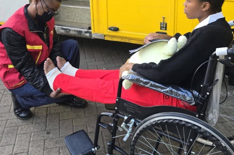 One of the Utumishi Girls Senior Academy fire survivors after being discharged from Kenyatta National Hospital, beginning her journey of recovery as she reunites with her family