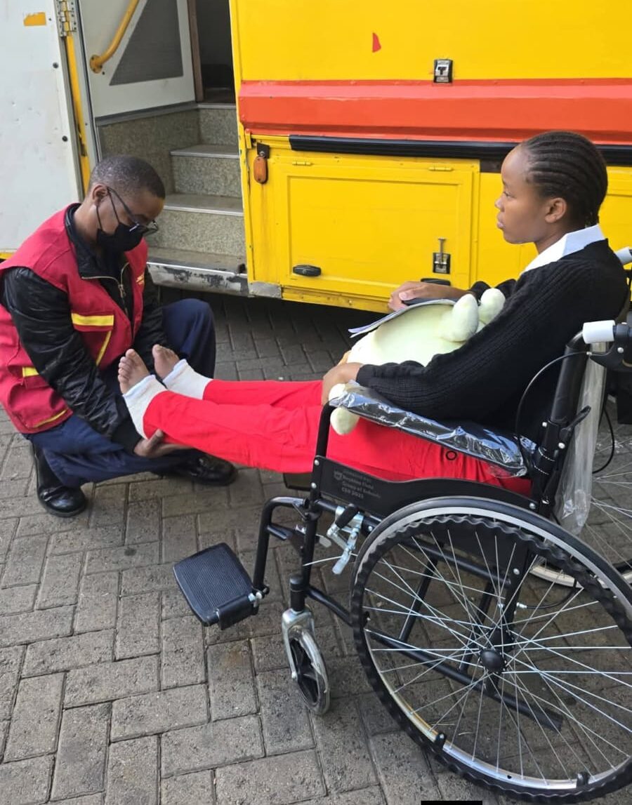 One of the Utumishi Girls Senior Academy fire survivors after being discharged from Kenyatta National Hospital, beginning her journey of recovery as she reunites with her family