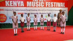 Vihiga county ECDE learners perform on the stage at Kibabii university