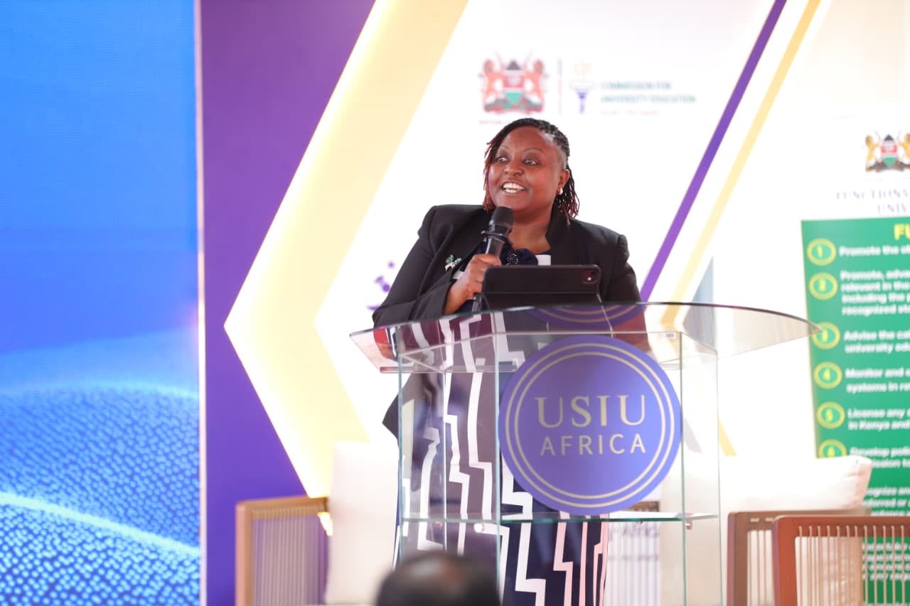 Secretary for Higher Education Dr. Carol Hunja speaking during the first Vice-Chancellors’ Consultative Conference on the Draft Competency-Based Education (CBE) Framework for University Education, held at USIU-Africa in Nairobi on August 21, 2026.