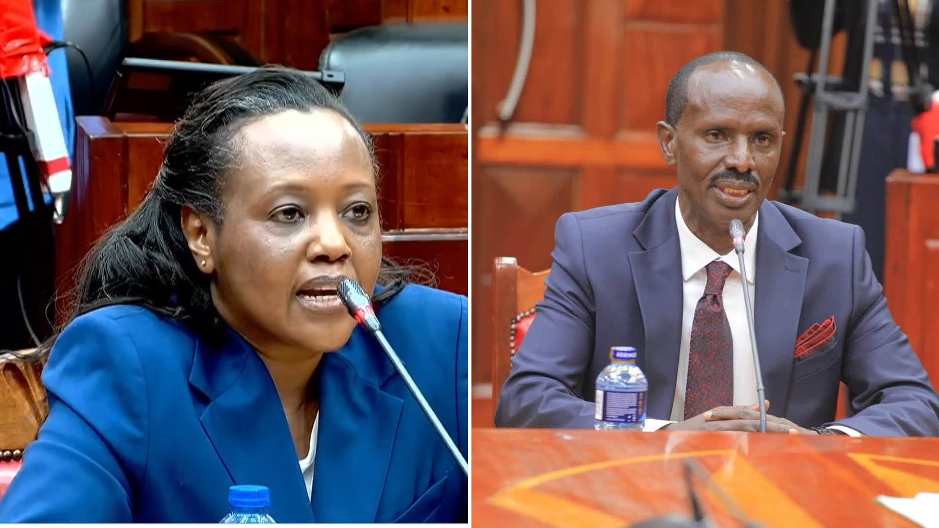 A collage image of Antonina Lentoijoni and Wilson Sossion during their vetting sessions by the National Assembly Departmental Committee on Education