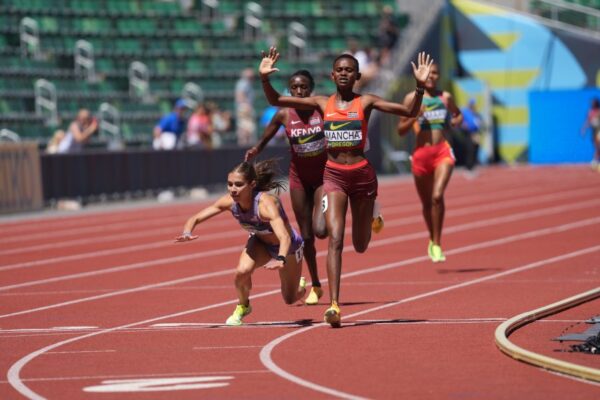 Josephine Sembeyo Mancha celebrates as she crosses the finish line to win gold at the World Athletics under 20 championships in Oregon-Photo|courtesy