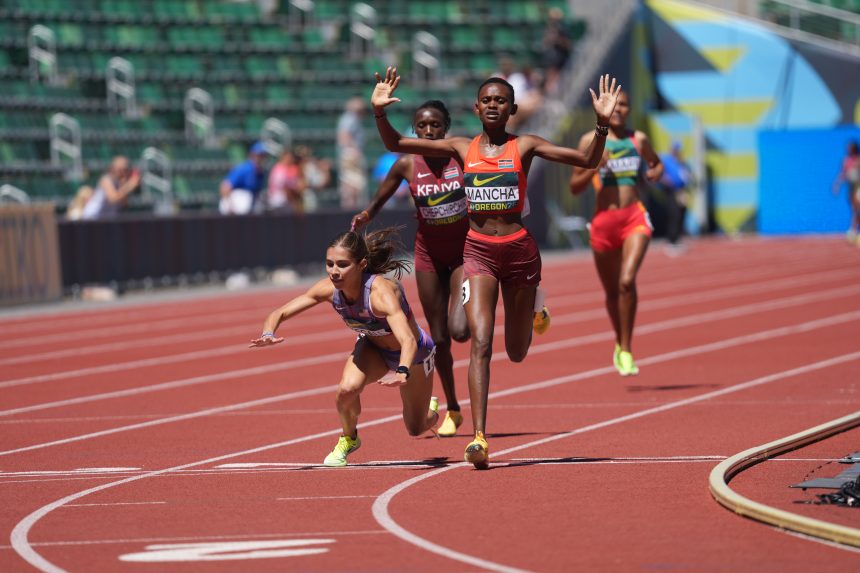 Josephine Sembeyo Mancha celebrates as she crosses the finish line to win gold at the World Athletics under 20 championships in Oregon-Photo|courtesy