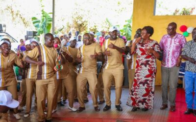 Homa Bay Governor Gladys Wanga joins KNUT members in a dance during the union's fundraiser in Homa Bay, where the branch raised more than Sh4 million to strengthen its operations.