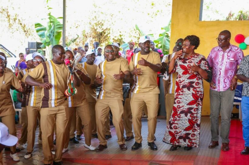 Homa Bay Governor Gladys Wanga joins KNUT members in a dance during the union's fundraiser in Homa Bay, where the branch raised more than Sh4 million to strengthen its operations.