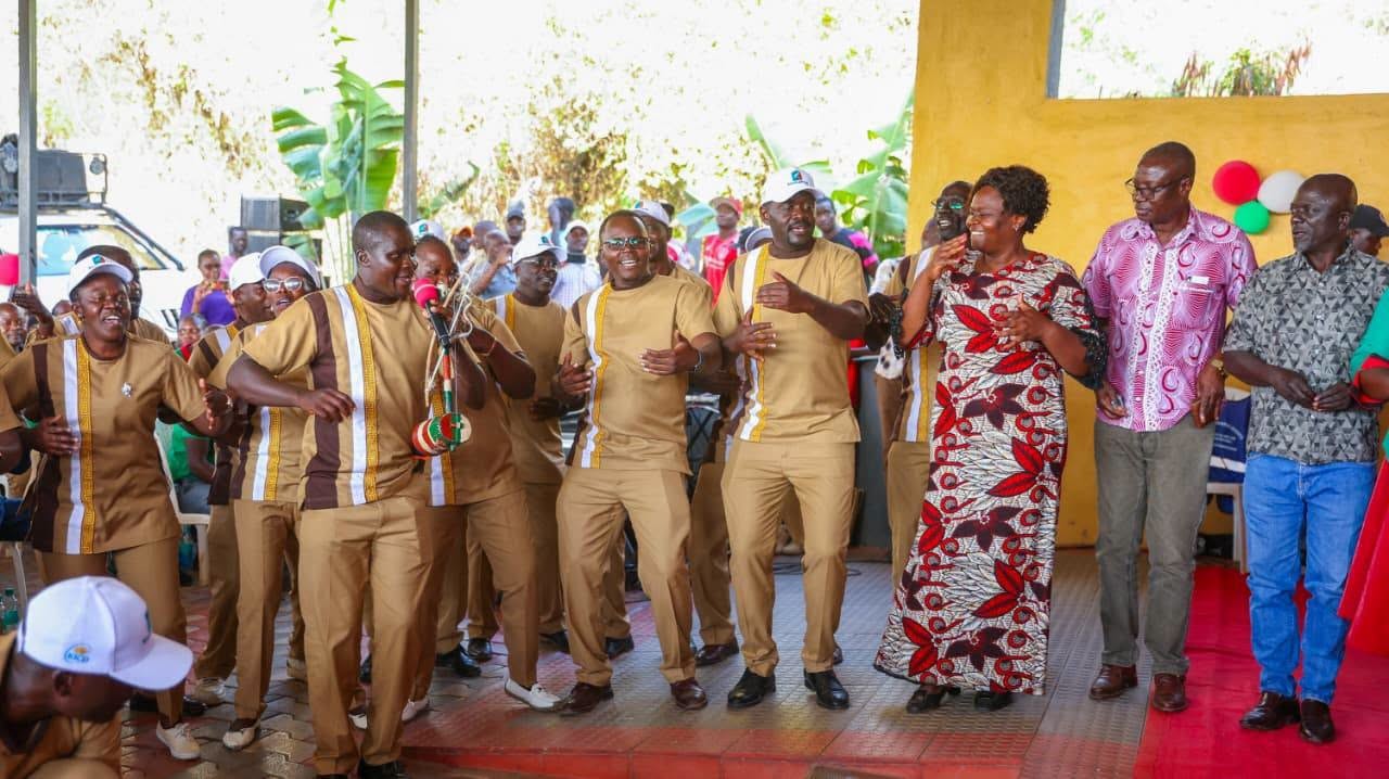 Homa Bay Governor Gladys Wanga joins KNUT members in a dance during the union's fundraiser in Homa Bay, where the branch raised more than Sh4 million to strengthen its operations.