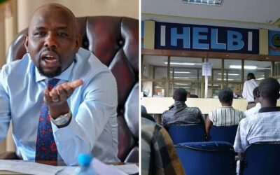 A collage image of interior CS Kipchumba Murkomen and HELB headquarters