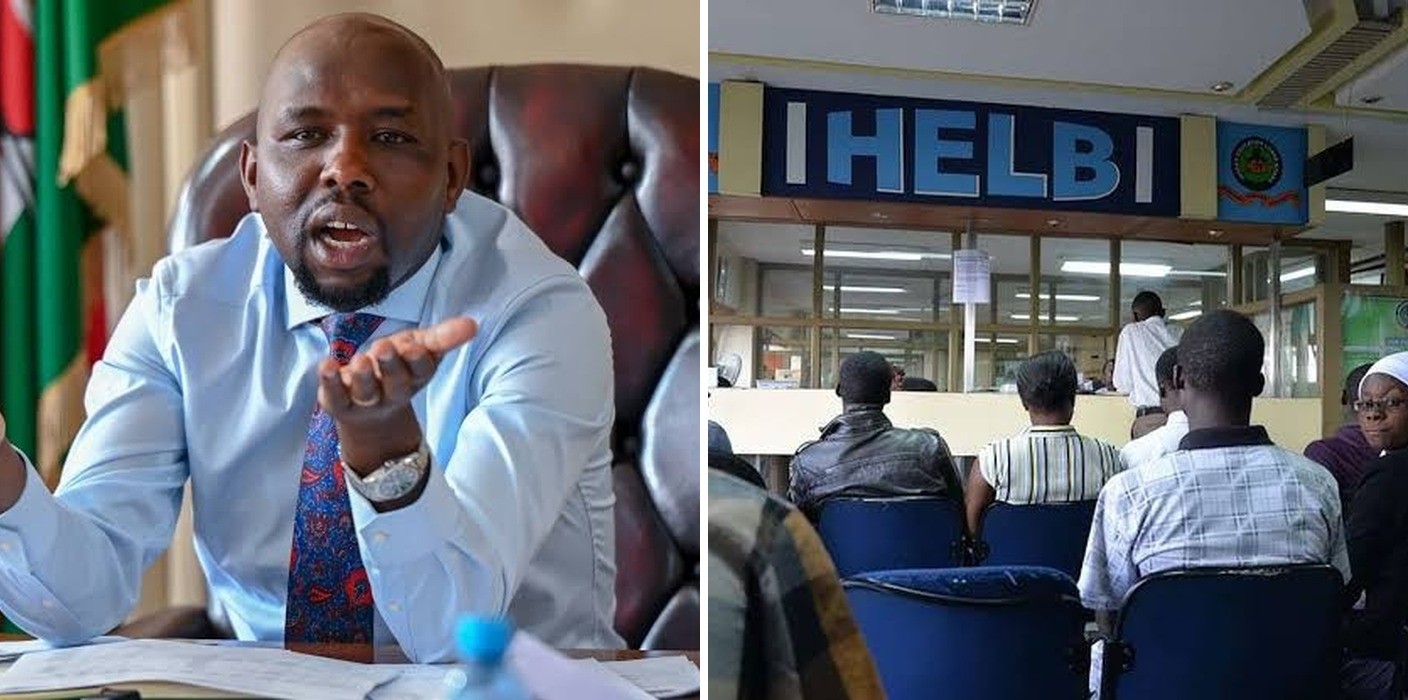 A collage image of interior CS Kipchumba Murkomen and HELB headquarters