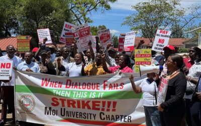 Moi University workers during a past demonstration in Eldoret town