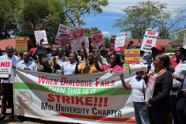 Moi University workers during a past demonstration in Eldoret town