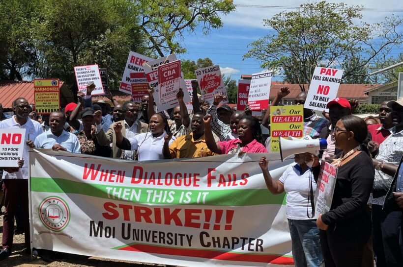 Moi University workers during a past demonstration in Eldoret town