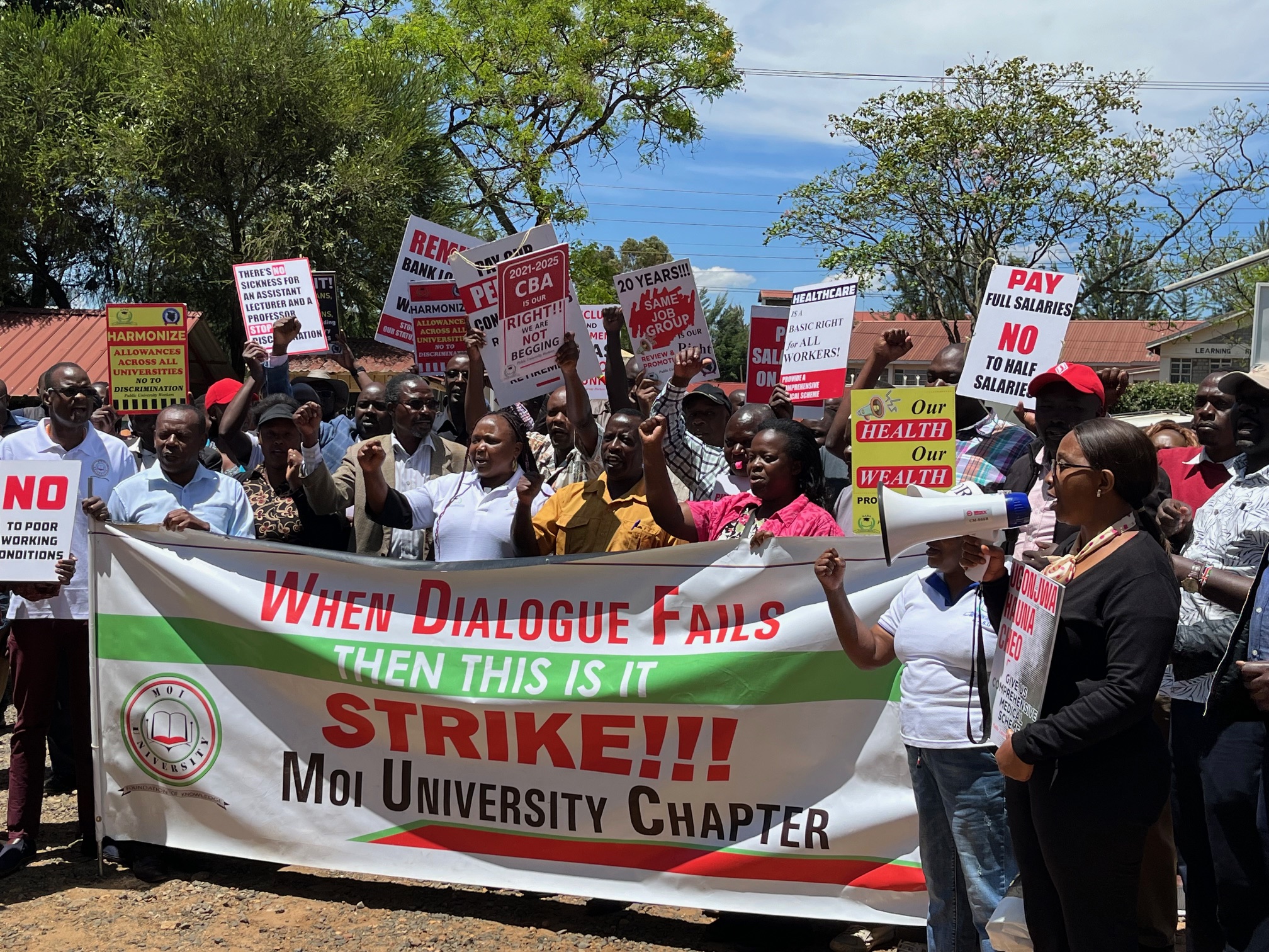 Moi University workers during a past demonstration in Eldoret town