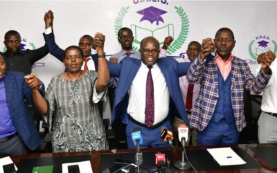 Universities' Academic Staff Union (UASU) and Kenya Universities Staff Union (KUSU)officials during a previous press conference-Photo|File