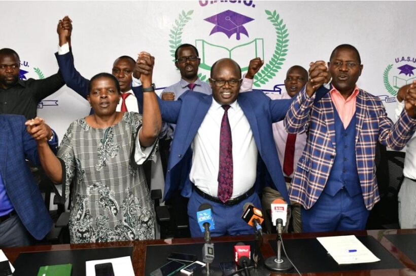 Universities' Academic Staff Union (UASU) and Kenya Universities Staff Union (KUSU)officials during a previous press conference-Photo|File