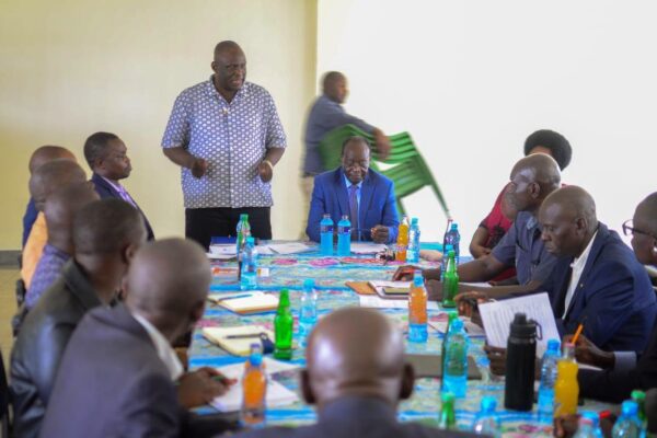 Vihiga Governor Dr Wilber Ottichilo and Emuhaya MP Omboko Milemba during a consultative meeting with the college’s Board to assess preparations for the institution’s official opening-Photo|Courtesy