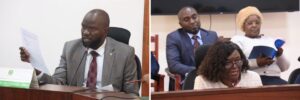 Public Investments Committee on Governance and Education Chairperson, Luanda MP Dick Maungu, reviews documents during the audit hearing. Right: Maasai Mara University Vice-Chancellor Prof. Peninah Aloo-Obudho responds to questions from MPs during the tense session