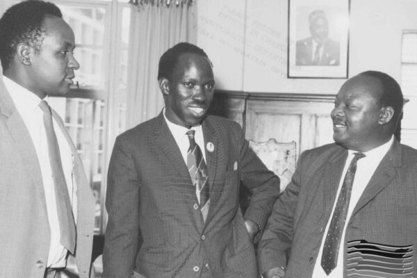 Education minister J.D. Otiende (right) after announcing appointment of a commision to be chaired by Dr. Simon Ominde (Centre) to recommend policies for the country's education in Feb 19, 1964.Looking on is education PS Kenneth Matiba-Photo|Kenya Yearbook editorial board