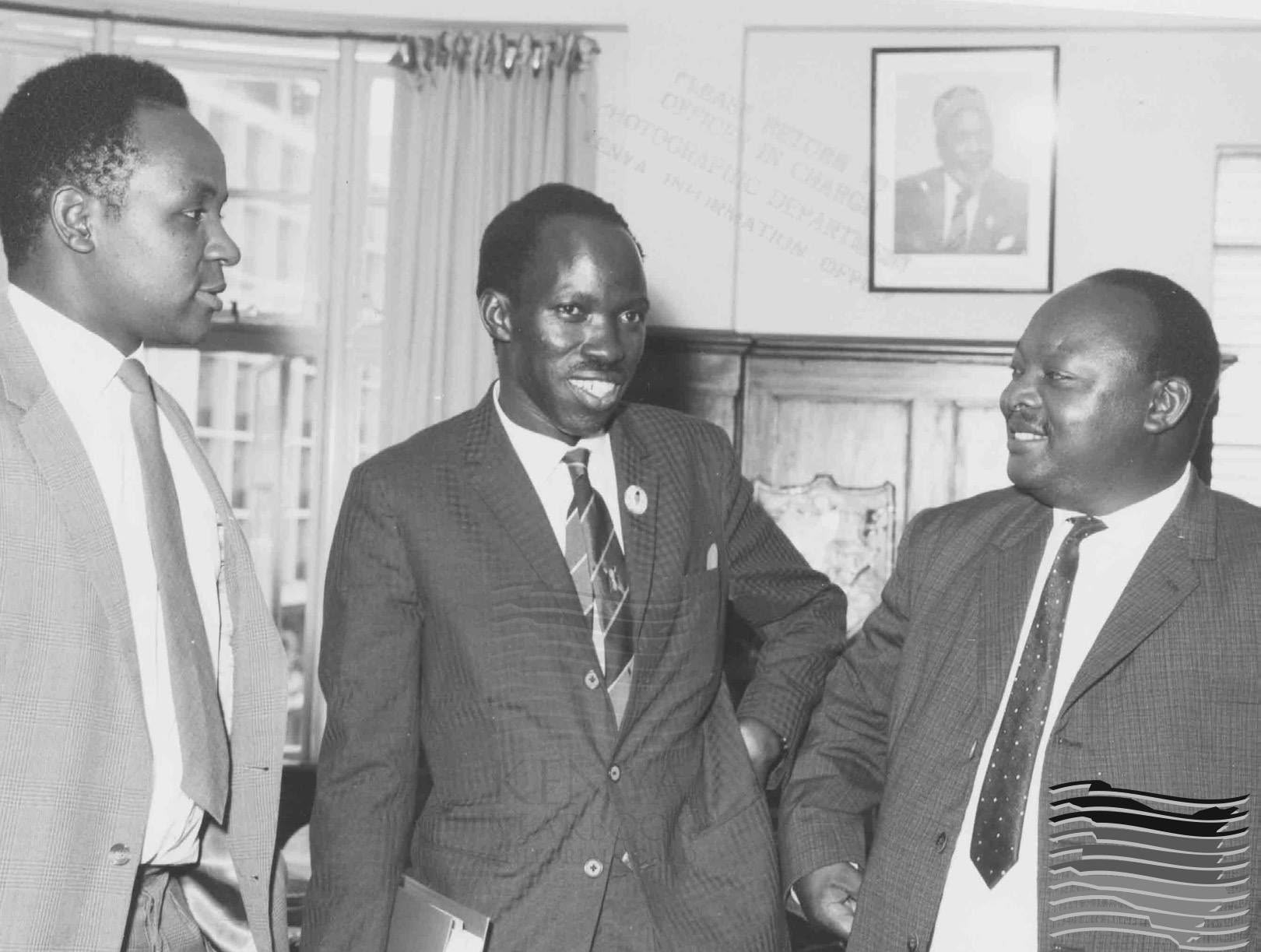 Education minister J.D. Otiende (right) after announcing appointment of a commision to be chaired by Dr. Simon Ominde (Centre) to recommend policies for the country's education in Feb 19, 1964.Looking on is education PS Kenneth Matiba-Photo|Kenya Yearbook editorial board