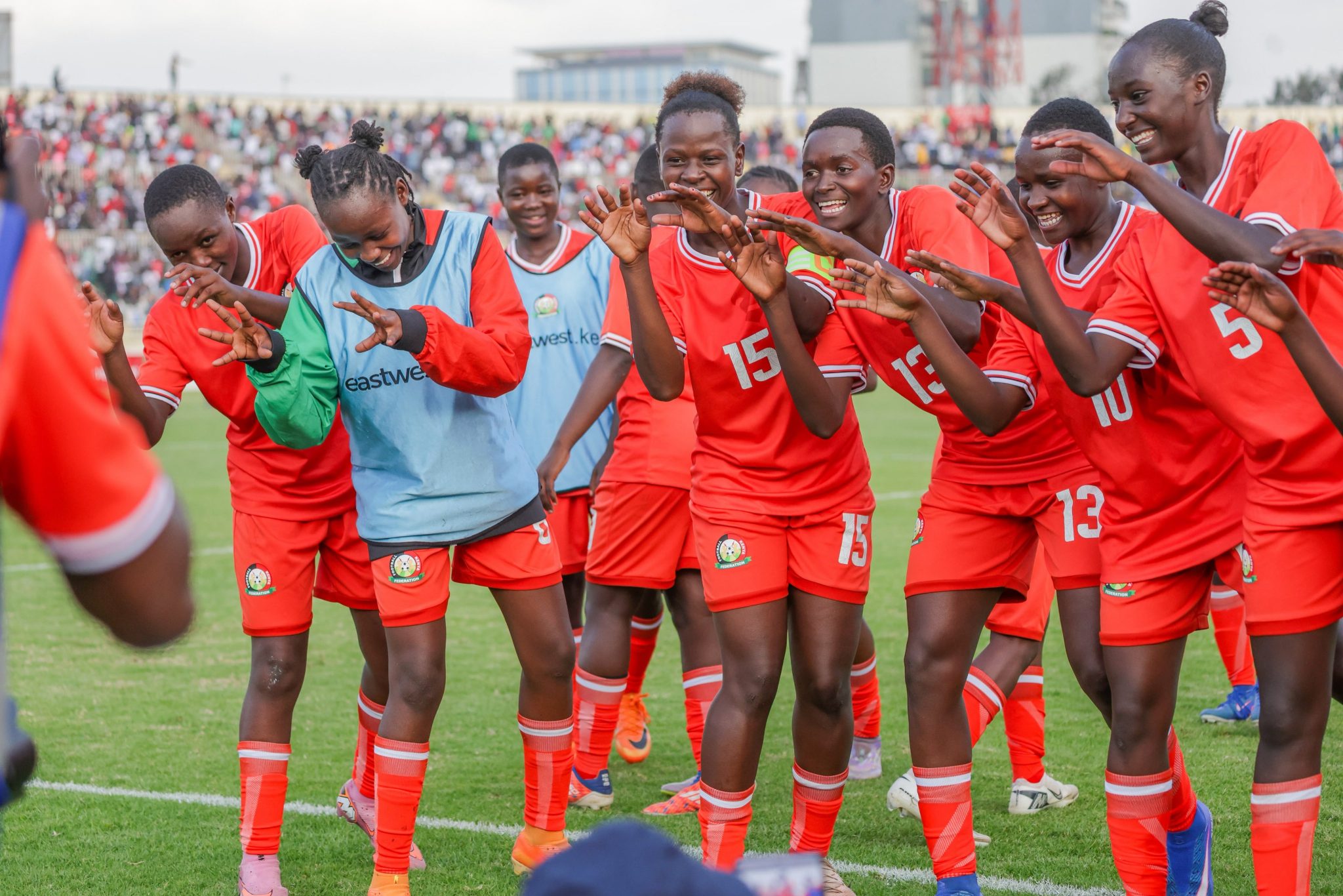 Harambee Junior starlets players celebrating after scoring a goal against South Africa at Nyayo stadium on uly 12, 2026