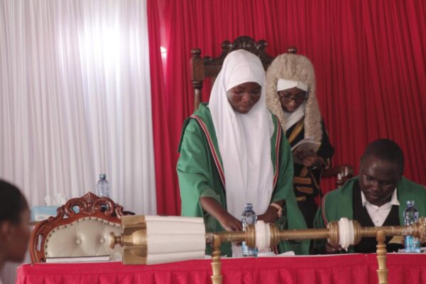 Mishi Mboko Girls students participate in a mock parliamentary session at the Parliament of Kenya stand during the Mombasa ASK Show at Mkomani grounds