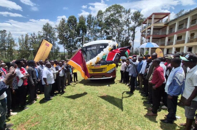 KMTC Awendo students and stakeholders gathered during the arrival and flag-off ceremony of their new bus in KMTC Awendo Campu