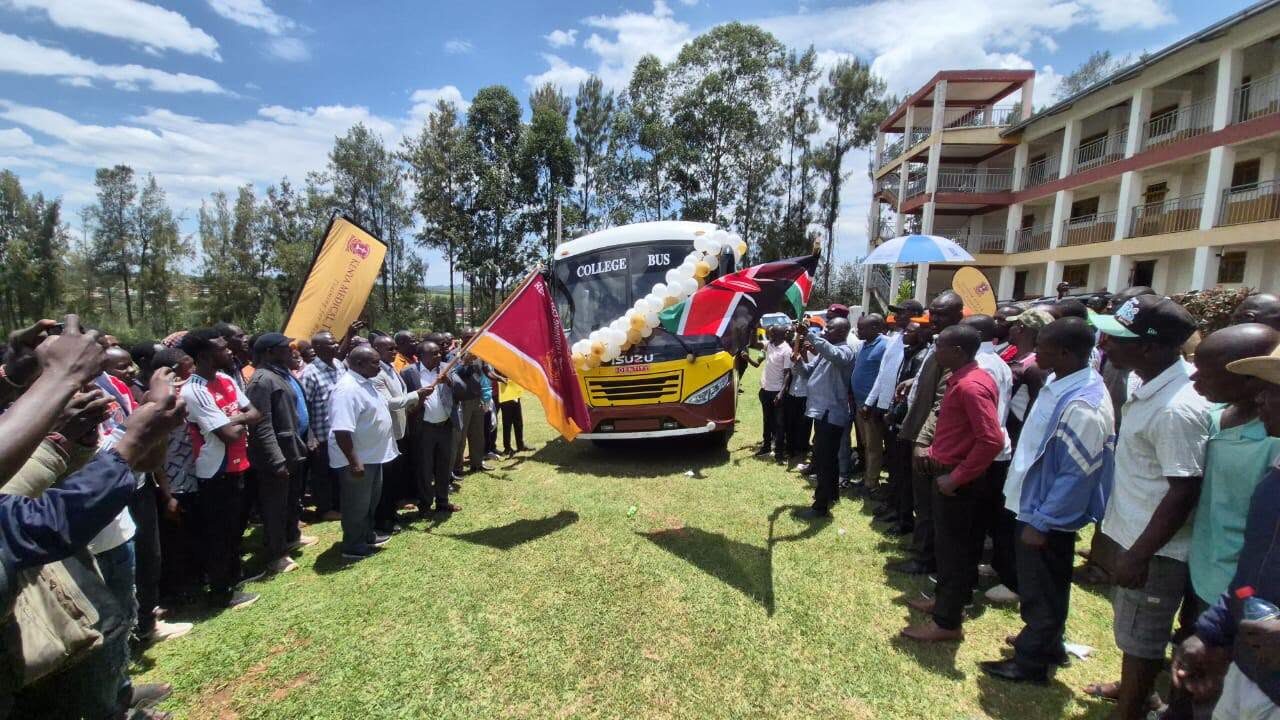 KMTC Awendo students and stakeholders gathered during the arrival and flag-off ceremony of their new bus in KMTC Awendo Campu
