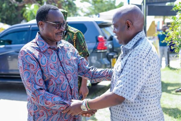 Cabinet Secretary for Education Julius Ogamba and the Principal Secretary in the State Department for Basic Education John Ololtuaa