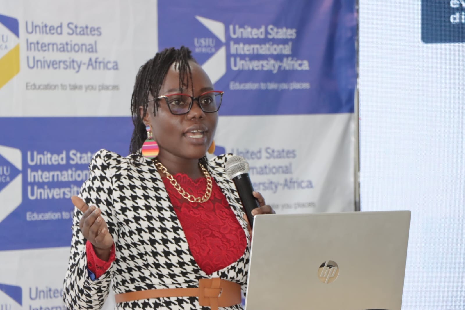 Dr Winnie Tubey from the Technical University of Kenya presenting research findings during a stakeholder meeting held at USIU-Africa on August 28, 2026.Photo Obegi Malack