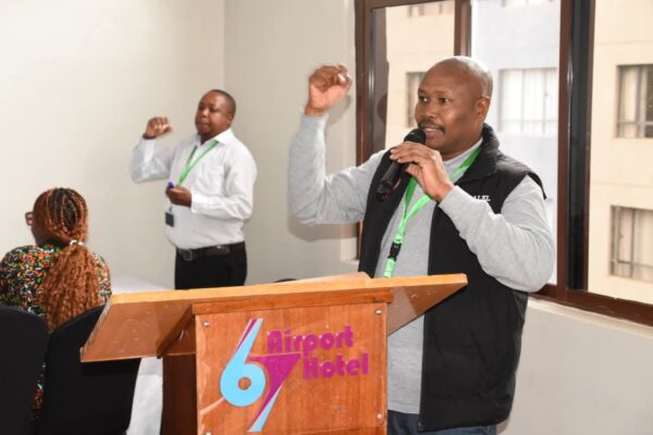 KNUT First National Vice Chairman Malel Langat addresses youthful educators during the third day of the KNUT/DLF training programme, which is focusing on communication, mobilisation and strategies to strengthen membership recruitment and union renewal