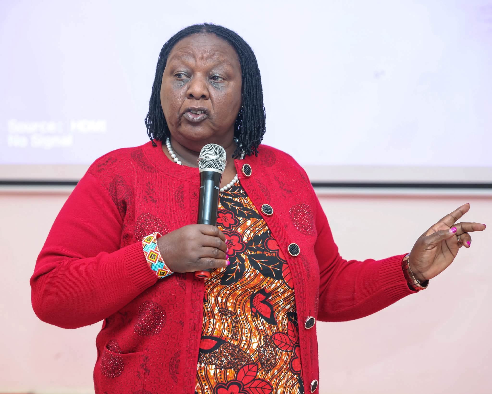 Narok North MP Agnes Pareyio speaks during an Anti-FGM consultative meeting in Narok County on Tuesday.