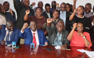 The Kenya Union of Technical and Vocational Education Trainers (KUTVET) led by Secretary General Kepher Oguwi ( 2nd r) Chairperson Geoffrey Obwoyele ( 2nd r) addresses the press in Nairobi on September 3, 2026.
