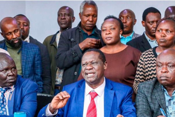 KUTVET secretary-general Kepher Oguwi (Centre) addresses the media at Norwich Tower in Nairobi on September 3, 2026.