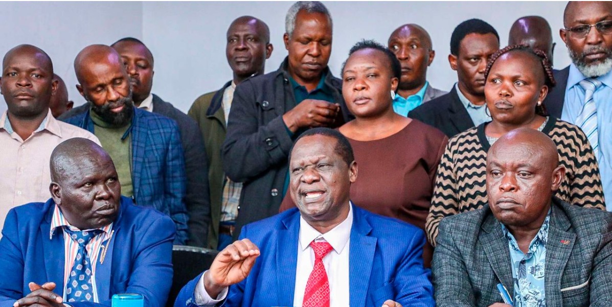 KUTVET secretary-general Kepher Oguwi (Centre) addresses the media at Norwich Tower in Nairobi on September 3, 2026.