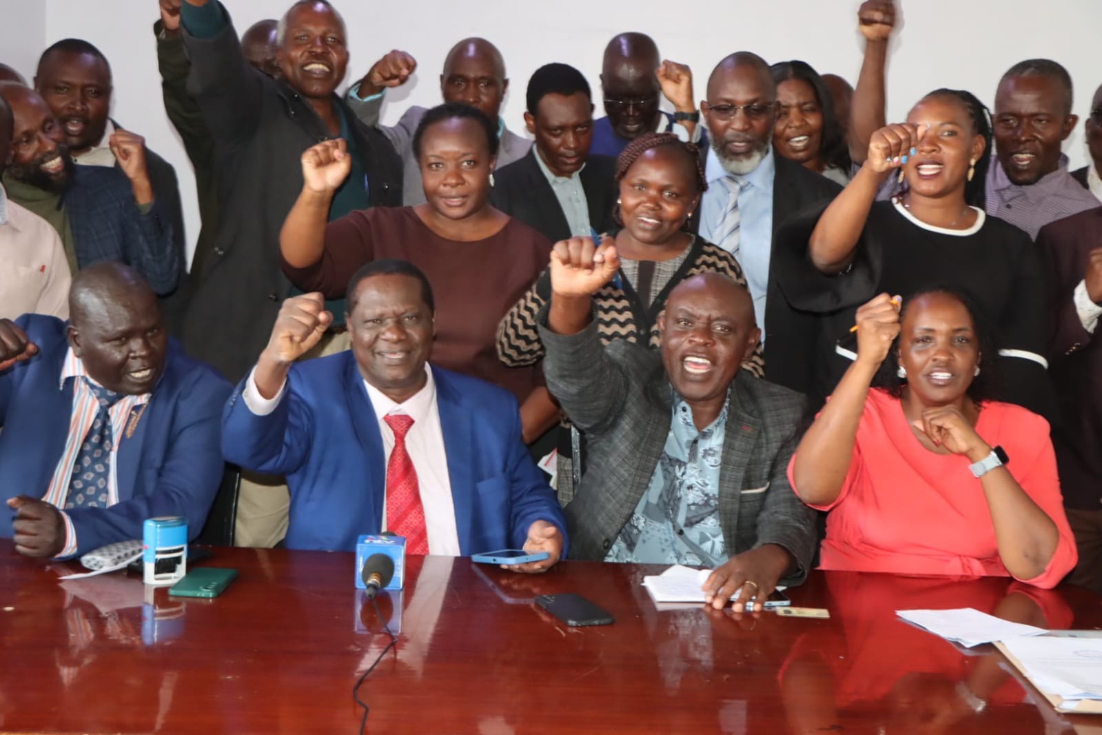 The Kenya Union of Technical and Vocational Education Trainers (KUTVET) led by Secretary General Kepher Oguwi ( 2nd r) Chairperson Geoffrey Obwoyele ( 2nd r) addresses the press in Nairobi on September 3, 2026.